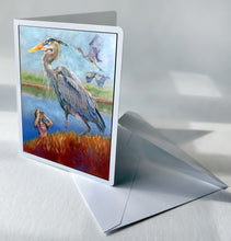 Load image into Gallery viewer, This notecard by Pat Cross titled Blue Heron Pit Stop tells of the delight of observing this most majestic and colorful of birds along the banks of natural waterways.
