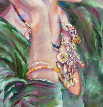 Load image into Gallery viewer, Close-up painted portrait of a person in a green garment, showing part of the face, arm, and hand adorned with layered bracelets and a floral bracelet.