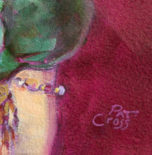 Load image into Gallery viewer, Close-up of an expressive painting featuring a dark green hat, a cream neck area, and a large magenta field, with a visible artist signature reading Pat Cross.