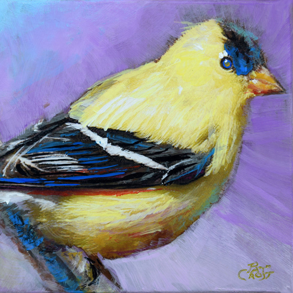 Alluring Goldfinch original oil painting by Pat Cross now at Love Home Center for the Arts in beautiful Fayetteville.