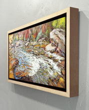 Load image into Gallery viewer, Side view of framed original oil painting titled Appalachian Angling by Pat Cross.