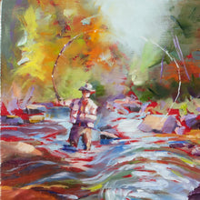 Load image into Gallery viewer, Artful-Angling by Pat Cross, an original oil painting of a fisherman on a mountain stream.