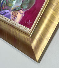 Load image into Gallery viewer, Close-up of a framed painting corner showing a textured metallic gold frame with a speckled inner border and a magenta-toned painted surface.