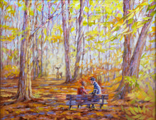 Load image into Gallery viewer, Painting of two people on a bench in an autumn forest with a deer in the background.