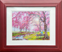Load image into Gallery viewer, This custom framed fine art print of the painting Cherry Blossom Lovers by Pat Cross.