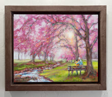 Load image into Gallery viewer, Framed Original oil painting titled Cherry Blossom Lovers by Pat Cross.