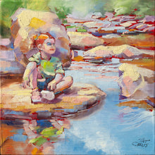 Load image into Gallery viewer, Colorful painting of a child sitting by a body of water with reflections.