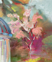 Load image into Gallery viewer, Brush strokes on original oil painting titled Greenbrier Pavilion in Spring by Pat Cross.
