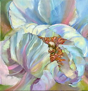 Original oil painting by Pat Cross titled Shy Peony.
