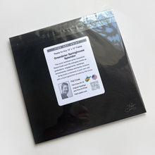 Load image into Gallery viewer, Black back of matted art print and  packaging with a label narrative and protective clear sleeve.