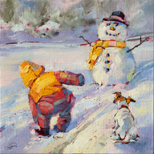 Load image into Gallery viewer, Painting of a toddler playing with a snowman and puppy in a snowy landscape