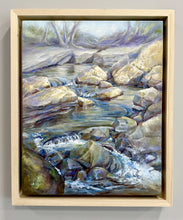 Load image into Gallery viewer, River Rock Garden original oil painting by Pat Cross in a wood floater frame.