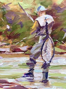 Detail of Original oil painting titled The Angler by Pat Cross.