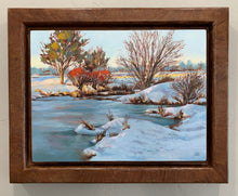Load image into Gallery viewer, Custom Framed Original oil painting titled Winter on the Riverbank by Pat Cross.