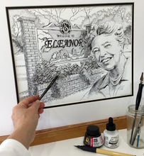 Load image into Gallery viewer, Ahead of Her Time original pen and ink drawing in progress by Pat Cross.