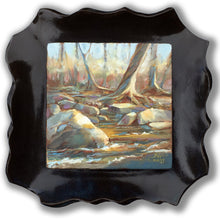 Load image into Gallery viewer, Along the River Bank original oil painting mounted in a fire-glazed stoneware frame by Pat Cross.