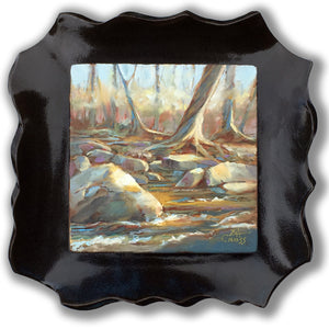 Along the River Bank original oil painting mounted in a fire-glazed stoneware frame by Pat Cross.