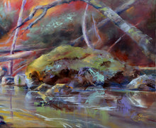 Load image into Gallery viewer, Autumn Angling original oil painting detail of the river boulder by Pat Cross.
