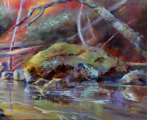 Autumn Angling original oil painting detail of the river boulder by Pat Cross.