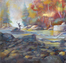 Load image into Gallery viewer, Autumn Angling original oil painting detail of the fisherman by Pat Cross.