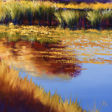Load image into Gallery viewer, Autumn River Willows original oil painting detail by Pat Cross.