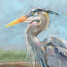 Load image into Gallery viewer, Blue Heron Pit Stop oil painting detail by Pat Cross.
