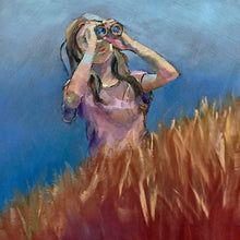 Load image into Gallery viewer, Blue Heron Pit Stop oil painting detail of the bird watcher by Pat Cross.