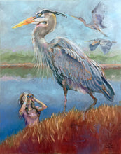 Load image into Gallery viewer, Blue Heron Pit Stop oil painting by Pat Cross.