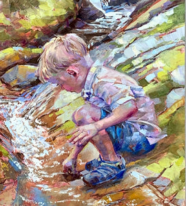 Creekside Curiosity oil painting detail of child by Pat Cross.