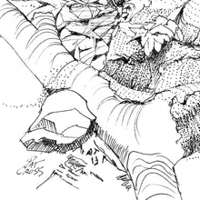 Load image into Gallery viewer, Original Pen and Ink drawing detail by Pat Cross titled Disc Golfing Solo.