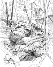Load image into Gallery viewer, Original Pen and Ink drawing by Pat Cross titled Disc Golfing Solo.