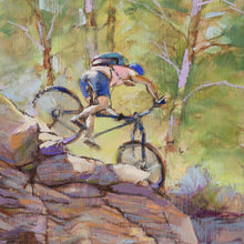 Load image into Gallery viewer, Mountain Bikers Rock original oil painting detail of another biker  by Pat Cross.
