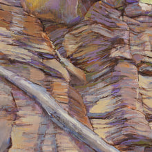 Load image into Gallery viewer, Mountain Bikers Rock original oil painting detail of the rocky cliff by Pat Cross.