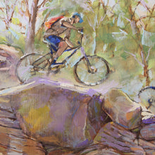 Load image into Gallery viewer, Mountain Bikers Rock oil painting detail of a biker by Pat Cross.