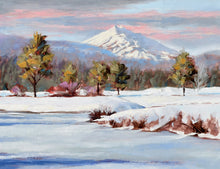 Load image into Gallery viewer, Red Winter Willow oil painting detail of Mt Bachelor by Pat Cross.
