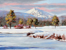 Load image into Gallery viewer, Red Winter Willow oil painting detail of Mt Bachelor by Pat Cross.