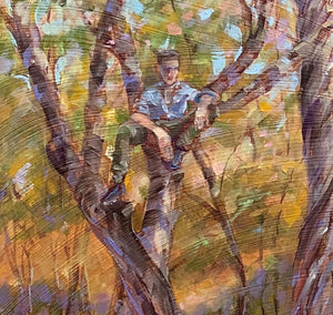 The Buck Stops Here original oil painting detail of man sitting in tree by Pat Cross