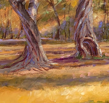Load image into Gallery viewer, The Buck Stops Here original oil painting detail of tree trunks.by Pat Cross
