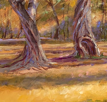 Load image into Gallery viewer, The Buck Stops Here original oil painting detail of tree trunks.by Pat Cross