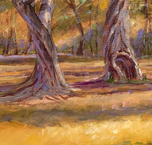 The Buck Stops Here original oil painting detail of tree trunks.by Pat Cross