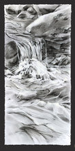 Load image into Gallery viewer, Water Whittles a Way original graphite and charcoal drawing with a custom cut deckle edge by Pat Cross
