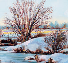 Load image into Gallery viewer, Winter on the River Bank original oil painting detail by Pat Cross.