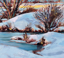 Load image into Gallery viewer, Winter on the River Bank original oil painting detail by Pat Cross.