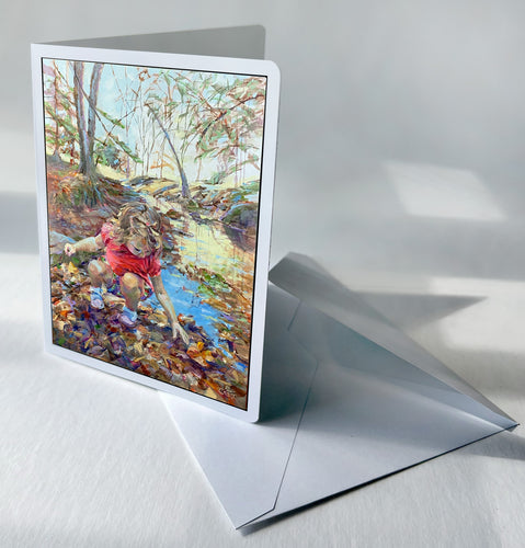 This notecard by Pat Cross titled As a Child tells of the adventurous curiosity of a toddler at along a creek bed.
