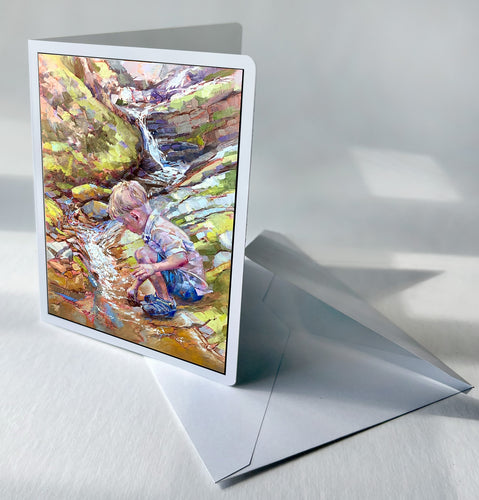 This notecard by Pat Cross titled Creekside Curiosity tells of the adventurous curiosity of a toddler at along a creek bed.