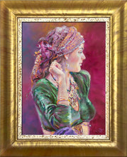Load image into Gallery viewer, A framed portrait painting of a woman in profile, wearing a green top, ornate jewelry, and a patterned headscarf, set against a purple and pink background. The artwork is enclosed in a wide textured gold frame with a decorative inner border.
