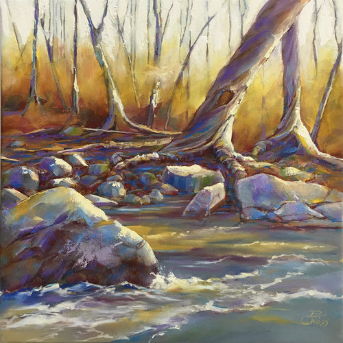 Original oil painting titled Along the River Bank by Pat Cross