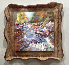 Load image into Gallery viewer, Original oil painting titled Artful Angling mounted in a handmade stoneware frame by Pat Cross.
