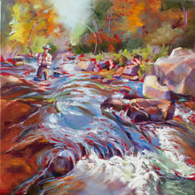 Load image into Gallery viewer, Artful-Angling by Pat Cross, an original oil painting of a fisherman on a mountain stream.
