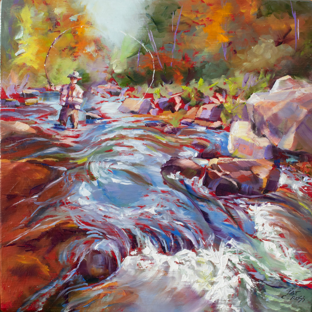 Artful-Angling by Pat Cross, an original oil painting of a fisherman on a mountain stream.